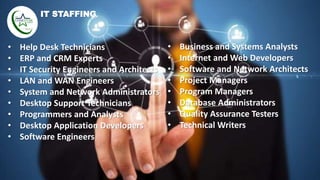 • Business and Systems Analysts
• Internet and Web Developers
• Software and Network Architects
• Project Managers
• Program Managers
• Database Administrators
• Quality Assurance Testers
• Technical Writers
• Help Desk Technicians
• ERP and CRM Experts
• IT Security Engineers and Architects
• LAN and WAN Engineers
• System and Network Administrators
• Desktop Support Technicians
• Programmers and Analysts
• Desktop Application Developers
• Software Engineers
IT STAFFING
 