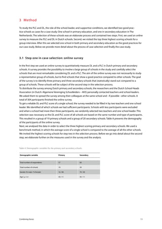 Combining forces 11
3	Method
To study the PLC and DL, the role of the school leader, and supportive conditions, we identified two good prac-
tice schools as cases for a case study. One school in primary education, and one in secondary education in The
Netherlands. The selection of these schools was an elaborate process and contained two steps. First, we used an online
survey to measure the PLC and DL in Dutch schools. Second, we visited the top three highest scoring schools for a
group interview. After this we selected one school in both primary and secondary education as the good practices for
our case study. Below we provide more detail about the process of case selection and finally the case study.
3.1	 Step one in case selection: online survey
In the first step we used an online survey to quantitatively measure DL and a PLC in Dutch primary and secondary
schools. A survey provides the possibility to involve a large group of schools in the study and carefully select the
schools that are most remarkable considering DL and a PLC. The aim of the online survey was not necessarily to study
a representative group of schools, but to find schools that show a good practice compared to other schools. The goal
of the survey is to identify three primary and three secondary schools that (statistically) stand out compared to a
group of schools. These schools will be subject of the second step in the selection process.
To distribute the survey among Dutch primary and secondary schools, the researchers and the Dutch School Heads
Association (in Dutch: Algemene Vereniging Schoolleiders – AVS) personally contacted teachers and school leaders.
We asked them to spread the survey among their colleagues at the same school and - if possible - other schools. A
total of 304 participants finished the online survey.
To get a reliable DL and PLC score of a single school, the survey needed to be filled in by two teachers and one school
leader. We identified of which schools we had sufficient participants. Schools with less participants were excluded
and when a school had more then three participants, we randomly selected two teachers and one school leader. This
selection was necessary so the DL and PLC score of all schools are based on the same number and type of participants.
This resulted in a group of 19 primary schools and a group of 20 secondary schools. Table A presents the demography
of the participants of the online survey.
Next, we analysed the data in order to select the three highest scoring primary and secondary schools. We used a
benchmark method, in which the average score of a single school is compared to the average of all the other schools.
We invited the highest scoring schools for step two in the selection process. Before we go into detail about the second
step, we elaborate further on the measures used in the survey and the analysis.
Table A. Demographic variables for the primary and secondary schools.
	Demographic variable	 Primary	 Secondary
	Total number of respondents	 57	 60
	Total number of schools	 19	 20
	Gender (% male / % female)	 16 / 84	 70 / 30
	Age ( μ / σ )	 43 / 11	 45 / 11
 