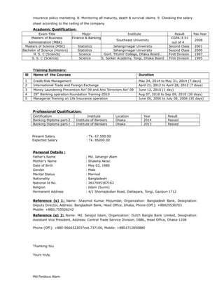 insurance policy marketing. 8. Monitoring all maturity, death & survival claims. 9. Checking the salary
sheet according to the ceiling of the company.
Academic Qualification:
Exam Title Major Institute Result Pas.Year
Masters of Business
Administration (MBA)
Finance & Banking
Southeast University
CGPA:3.31
out of 4
2008
Masters of Science (MSC) Statistics Jahangirnagar University Second Class 2001
Bachelor of Science (Honors) Statistics Jahangirnagar University Second Class 2000
H. S. C (Science) Science Govt. Titumir College, Dhaka Board.. First Division 1997
S. S. C (Science) Science S. Sarker Academy, Tongi, Dhaka Board First Division 1995
Training Summary:
Sl Name of the Courses Duration
1 Credit Risk Management May 24, 2014 to May 31, 2014 (7 days)
2 International Trade and Foreign Exchange April 21, 2012 to April 28, 2012 (7 days)
3 Money Laundering Prevention Act’ 09 and Anti Terrorism Act’ 09 June 12, 2010 (1 day)
4 29th
Banking operation Foundation Training-2010 Aug 07, 2010 to Sep 09, 2010 (30 days)
5 Managerial Training on Life Insurance operation June 06, 2006 to July 08, 2006 (30 days)
Professional Qualification:
Certification Institute Location Year Result
Banking Diploma part-2 Institute of Bankers Dhaka 2014 Passed
Banking Diploma part-1 Institute of Bankers Dhaka 2013 Passed
Present Salary : Tk. 67,500.00
Expected Salary : Tk. 85000.00
Personal Details :
Father's Name ; Md. Jahangir Alam
Mother's Name : Shaleha Akter.
Date of Birth : May 03, 1980
Gender : Male
Marital Status : Married
Nationality : Bangladeshi
National Id No. : 2617695167162
Religion : Islam (Sunni)
Permanent Address : 4/1 Shomajkollan Road, Dattapara, Tongi, Gazipur-1712
Reference (s) 1: Name: Shaymol Kumar Mojumder, Organization: Bangladesh Bank, Designation:
Deputy Director, Address: Bangladesh Bank, Head Office, Dhaka, Phone (Off.): +88029530703
Mobile: +8801755526242
Reference (s) 2: Name: Md. Serajul Islam, Organization: Dutch Bangla Bank Limited, Designation:
Assistant Vice President, Address: Central Trade Service Division, DBBL, Head Office, Dhaka-1208
Phone (Off.): +880-9666322037ext.737106, Mobile: +8801712850880
Thanking You
Yours truly,
Md Ferdous Alam
 