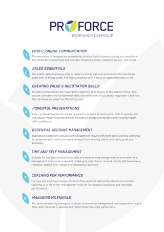 This workshop is designed as an essential introduction to communicating successfully in
the corporate environment and includes influencing skills, customer service, and social
PROFESSIONAL COMMUNICATION
1
Top quality sales training is vital in today’s commercial environment and this workshop
deals with all things sales. It is highly practical with a focus on application back in the
SALES ESSENTIALS
2
All sales professionals are required to negotiate at all stages of the sales process. This
course considers the fundamental skills and attributes of successful negotiators and how
this can make an impact on the bottom line.
CREATING VALUE & NEGOTIATION SKILLS
3
Every professional person will be required to present at some point- both to groups and
individuals. Powerful presentations focuses on design and delivery and creating impact
with confidence.
POWERFUL PRESENTATIONS
4
Business development and account management require different skills and this workshop
is concerned with how to increase revenue from existing clients and really grow your
business.
ESSENTIAL ACCOUNT MANAGEMENT
5
Suitable for mid level professionals who are experiencing change such as promotion to a
management position or a new and challenging role. Topics covered include self awareness,
feedback, dealing with change and developing resilience.
Time and Self Management
For new and aspiring managers to learn this essential skill and be able to incorporate
coaching in to his or her management style for increased productivity and improved
performance.
Coaching for Performance
For new and aspiring managers to obtain fundamental management techniques which equip
them with the skills to develop and retain tomorrow’s top performers.
Managing Milennials
6
7
8
WORKSHOP OVERVIEW
 