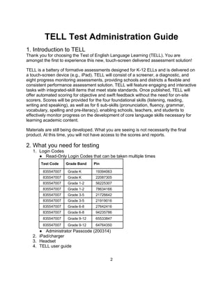 2
TELL Test Administration Guide
1. Introduction to TELL
Thank you for choosing the Test of English Language Learning (TELL). You are
amongst the first to experience this new, touch-screen delivered assessment solution!
TELL is a battery of formative assessments designed for K-12 ELLs and is delivered on
a touch-screen device (e.g., iPad). TELL will consist of a screener, a diagnostic, and
eight progress monitoring assessments, providing schools and districts a flexible and
consistent performance assessment solution. TELL will feature engaging and interactive
tasks with integrated-skill items that meet state standards. Once published, TELL will
offer automated scoring for objective and swift feedback without the need for on-site
scorers. Scores will be provided for the four foundational skills (listening, reading,
writing and speaking), as well as for 6 sub-skills (pronunciation, fluency, grammar,
vocabulary, spelling and pre-literacy), enabling schools, teachers, and students to
effectively monitor progress on the development of core language skills necessary for
learning academic content.
Materials are still being developed. What you are seeing is not necessarily the final
product. At this time, you will not have access to the scores and reports.
2. What you need for testing
1. Login Codes
● Read-Only Login Codes that can be taken multiple times
Test Code Grade Band Pin
835547007 Grade K 19394063
835547007 Grade K 22087305
835547007 Grade 1-2 56225307
835547007 Grade 1-2 78634166
835547007 Grade 3-5 21726642
835547007 Grade 3-5 21919016
835547007 Grade 6-8 27642416
835547007 Grade 6-8 94235786
835547007 Grade 9-12 65533847
835547007 Grade 9-12 64764350
● Administrator Passcode (200314)
2. iPad/charger
3. Headset
4. TELL user guide
 