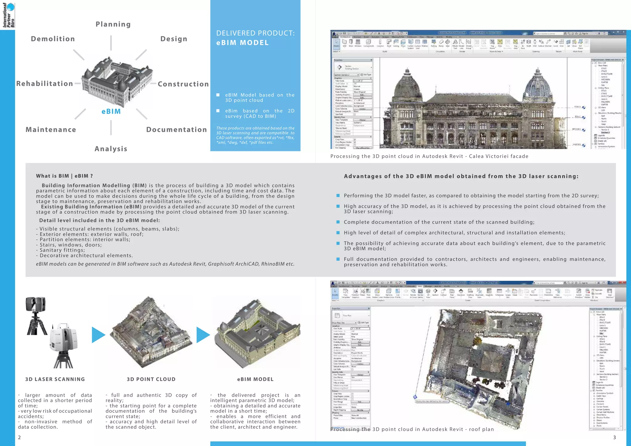 2 3
DELIVERED PRODUCT:
eBIM MODEL
eBIM Model based on the
3D point cloud
eBim based on the 2D
survey (CAD to BIM)
These products are obtained based on the
3D laser scanning and are compatible to
CAD software, often exported as*rvt, *fbx,
*xml, *dwg, *dxf, *pdf files etc.
What is BIM | eBIM ?
Building Information Modelling (BIM) is the process of building a 3D model which contains
parametric information about each element of a construction, including time and cost data. The
model can be used to make decisions during the whole life cycle of a building, from the design
stage to maintenance, preservation and rehabilitation works.
Existing Building Information (eBIM) provides a detailed and accurate 3D model of the current
stage of a construction made by processing the point cloud obtained from 3D laser scanning.
Detail level included in the 3D eBIM model:
- Visible structural elements (columns, beams, slabs);
- Exterior elements: exterior walls, roof;
- Partition elements: interior walls;
- Stairs, windows, doors;
- Sanitary fittings;
- Decorative architectural elements.
eBIM models can be generated in BIM software such as Autodesk Revit, Graphisoft ArchiCAD, RhinoBIM etc.
Advantages of the 3D eBIM model obtained from the 3D laser scanning:
Performing the 3D model faster, as compared to obtaining the model starting from the 2D survey;
High accuracy of the 3D model, as it is achieved by processing the point cloud obtained from the
3D laser scanning;
Complete documentation of the current state of the scanned building;
High level of detail of complex architectural, structural and installation elements;
The possibility of achieving accurate data about each building’s element, due to the parametric
3D eBIM model;
Full documentation provided to contractors, architects and engineers, enabling maintenance,
preservation and rehabilitation works.
3D LASER SCANNING
- larger amount of data
collected in a shorter period
of time;
- very low risk of occupational
accidents;
- non-invasive method of
data collection.
3D POINT CLOUD
- full and authentic 3D copy of
reality;
- the starting point for a complete
documentation of the building’s
current state;
- accuracy and high detail level of
the scanned object.
eBIM Model
- the delivered project is an
intelligent parametric 3D model;
- obtaining a detailed and accurate
model in a short time;
- enables a more efficient and
collaborative interaction between
the client, architect and engineer. Processing the 3D point cloud in Autodesk Revit - roof plan
Processing the 3D point cloud in Autodesk Revit - Calea Victoriei facade
Planning
eBIM
Analysis
DesignDemolition
Construction
DocumentationMaintenance
Rehabilitation
 