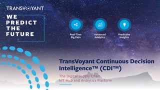 TransVoyant Continuous Decision
Intelligence™ (CDI™)
The Digital Supply Chain
IoT Hub and Analytics Platform
WE
PREDICT
THE
FUTURE Real-Time
Big Data
Advanced
Analytics
Predictive
Insights
®
 