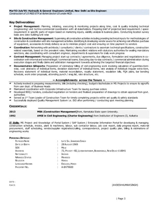 | Page 3
Mar’93-July’95: Hydraulic & General Engineers Limited, New Delhi as Site Engineer:
Construction of 15 MGD STP at Rohini Sector-25 under MCD.
Key Deliverables:
 Project Management: Planning, initiating, executing & monitoring projects along time, cost & quality including technical
(engineering) and techno-commercial coordination with all stakeholders. Preparing brief of projected land requirement / space
requirement in specific parts of region based on marketing inputs, viability analysis & business plans. Conducting location survey
basis zero date building/unit wise
 Site & Construction Management: Supervising all construction activities including providing technical inputs for methodologies of
construction & coordination with site management activities. Identifying & developing vendor source for achieving cost effective purchase
of equipment, accessories & timely delivery so as to minimize project cost and ensuring on time payment to vendors
 Coordination: Networking with architects / consultants / clients / contractors to ascertain t echnical specifications, construction
related essentials, based on the prevalent rules. Maintaining excellent relations with statutory authorities for availing man datory
sanctions, also coordinating with consultant engineer, departments & supervisors for daily work progress
 Contract Management: Managing project start-up contracts / agreements, due diligence, formulation and negotiations in co-
ordination with internal and external legal / commercial teams. Executing day-to-day contracts / commercial administration during
execution stages and finally claims and arbitration management towards achieving the targeted financial objectives
 Documentation &Reports: Preparation of estimates/ billing of civil engineering work involving calculation of quantities item-
wise, cost abstracts of individual items, deviation statement of individual items, rate analysis of individual /regular extra item,
Recovery statement of individual items, material reconciliation, royalty statement, escalation bills, FQA plans, bar bending
schedule, work order proposals, attending punch / snag list, rate structure, etc.
~ Accomplishments across the Tenure ~
 Actively involved in preparing measurements, bills (including checking), budgets &schedules in MS Projects to ensure its signoffs
from user dept. of Business Heads
 Maintained coordination with Corporate Infrastructure Team for issuing purchase orders
 Developed BOQ / tenders, conducted negotiation on tenders and finalized preparation of drawings to obtain approval from govt.
authorities
 Served as 1st
Team Leader of Construction Team for timely completing projects within set quality & safety standards
 Successfully deployed Quality Management System i.e. ISO after performing / conducting spot meeting planning
CREDENTIALS:
2013 MBA (Construction Management)from, Karnataka State open University.
1992 AMIE in Civil Engineering (Charter Engineering) from Institution of Engineers (I), Kolkatta
IT Skills: MS Project and Knowledge of Portal System / SAP System / Enterprise Information Portal for developing & managing
construction schedule, invoice, plant & machinery, labour, sub contactor labour, job cost report, daily progress report, mate rial
procurement, staff scheduling, vendor/supplier registration/calling, correspondence, project quality plan, billing & estimations of
engineering works
PERSONA L DETAILS :
FA TRHER NA ME : LA TE SH. JANARDAN SINGH
DA TE O F BIRTH : 28 AUGUST 1969
SEX : MA LE
ADDRESS : 72, PO CKET –B2,LO KNAYAKPURAM,BA KKARWALA, NEW DELHI-110041
NA TIONALITY : INDIA N
NARRIED STATUS : MA RRIED
RELIGIO N : HINDU
LA NGUAGE KNOWN : ENGLISH,HINDI
PA SSPORT NO. : A-8479600
DA TE :
PLA C E: (AVDESH KUMARSINGH)
 