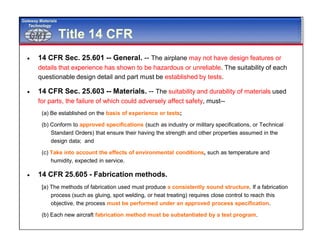 GMTGMT
Gateway Materials
Technology
Title 14 CFR
 14 CFR Sec. 25.601 -- General. -- The airplane may not have design features or
details that experience has shown to be hazardous or unreliable. The suitability of each
questionable design detail and part must be established by tests.
 14 CFR Sec. 25.603 -- Materials. -- The suitability and durability of materials used
for parts, the failure of which could adversely affect safety, must--
(a) Be established on the basis of experience or tests;
(b) Conform to approved specifications (such as industry or military specifications, or Technical
Standard Orders) that ensure their having the strength and other properties assumed in the
design data; and
(c) Take into account the effects of environmental conditions, such as temperature and
humidity, expected in service.
 14 CFR 25.605 - Fabrication methods.
[a) The methods of fabrication used must produce a consistently sound structure. If a fabrication
process (such as gluing, spot welding, or heat treating) requires close control to reach this
objective, the process must be performed under an approved process specification.
(b) Each new aircraft fabrication method must be substantiated by a test program.
 