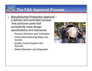 GMTGMT
Gateway Materials
Technology
The FAA Approval Process
 Manufacturing Production Approval –
a defined and controlled process
that produces parts that
consistently meet design
specifications and tolerances
 Process Definition and Verification
 Critical Manufacturing Steps and
Control
 Quality Control System with
Records
 Defect Detection and Disposition
 