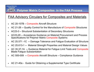 GMTGMT
Gateway Materials
Technology
Polymer Matrix Composites in the FAA Process
FAA Advisory Circulars for Composites and Materials
 AC 20-107B – Composite Aircraft Structure
 AC 21-26 -- Quality Control for the Manufacture of Composite Structures
 AC23-3 – Structural Substantiation of Secondary Structures
 AC23-20 -- Acceptance Guidance on Material Procurement and Process
Specifications for Polymer Matrix Composite Systems
 AC 25.571 -1C -- Damage Tolerance and Fatigue Evaluation of Structure
 AC 25.613-1 -- Material Strength Properties and Material Design Values
 AC 35.37-1A -- Guidance Material for Fatigue Limit Tests and Composite
Blade Fatigue Substantiation
 AC 500-009 -- Composite Aircraft Structure – Compliance Guidance
 AC 21-40a - Guide for Obtaining a Supplemental Type Certificate
 