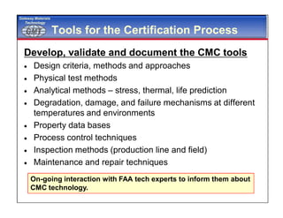 GMTGMT
Gateway Materials
Technology
Tools for the Certification Process
Develop, validate and document the CMC tools
 Design criteria, methods and approaches
 Physical test methods
 Analytical methods – stress, thermal, life prediction
 Degradation, damage, and failure mechanisms at different
temperatures and environments
 Property data bases
 Process control techniques
 Inspection methods (production line and field)
 Maintenance and repair techniques
On-going interaction with FAA tech experts to inform them about
CMC technology.
 