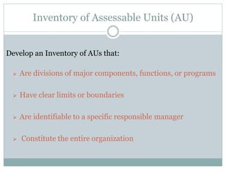 Inventory of Assessable Units (AU)
Develop an Inventory of AUs that:
 Are divisions of major components, functions, or programs
 Have clear limits or boundaries
 Are identifiable to a specific responsible manager
 Constitute the entire organization
 