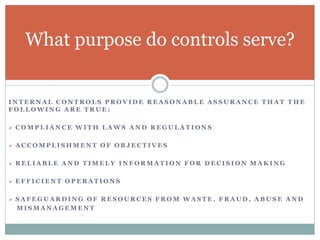 I N T E R N A L C O N T R O L S P R O V I D E R E A S O N A B L E A S S U R A N C E T H A T T H E
F O L L O W I N G A R E T R U E :
 C O M P L I A N C E W I T H L A W S A N D R E G U L A T I O N S
 A C C O M P L I S H M E N T O F O B J E C T I V E S
 R E L I A B L E A N D T I M E L Y I N F O R M A T I O N F O R D E C I S I O N M A K I N G
 E F F I C I E N T O P E R A T I O N S
 S A F E G U A R D I N G O F R E S O U R C E S F R O M W A S T E , F R A U D , A B U S E A N D
M I S M A N A G E M E N T
What purpose do controls serve?
 