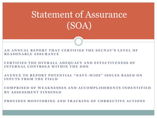 A N A N N U A L R E P O R T T H A T C E R T I F I E S T H E S E C N A V ’ S L E V E L O F
R E A S O N A B L E A S S U R A N C E
C E R T I F I E S T H E O V E R A L L A D E Q U A C Y A N D E F F E C T I V E N E S S O F
I N T E R N A L C O N T R O L S W I T H I N T H E D O N
A V E N U E T O R E P O R T P O T E N T I A L “ N A V Y - W I D E ” I S S U E S B A S E D O N
I N P U T S F R O M T H E F I E L D
C O M P R I S E D O F W E A K N E S S E S A N D A C C O M P L I S H M E N T S I N D E N T I F I E D
B Y A S S E S S M E N T F I N D I N G S
P R O V I D E S M O N I T O R I N G A N D T R A C K I N G O F C O R R E C T I V E A C T I O N S
Statement of Assurance
(SOA)
 