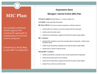MIC Plan
An executive summary
which captures the
command’s approach in
maintaining an internal
control program
Considered a Road Map
to new MIC Coordinators
 