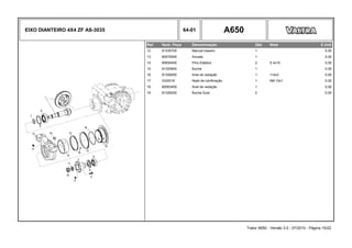 EIXO DIANTEIRO 4X4 ZF AS-3035 64-01 A650
Ref. Num. Peça Denominação Qtd Nota $ Unit
12 81335700 Mancal traseiro 1 0,00
13 80576500 Arruela 1 0,00
14 80600400 Pino Elástico 2 S 4x10 0,00
15 81325900 Bucha 1 0,00
16 81326000 Anel de vedação 1 114x3 0,00
17 GG0019 Niple de lubrificação 1 AM 10x1 0,00
18 80563400 Anel de vedação 1 0,00
19 81326200 Bucha Guia 2 0,00
Trator A650 - Versão 3.0 - 07/2010 - Página 15/22
 