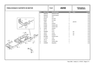 PÁRA-CHOQUE E SUPORTE DO MOTOR 73-01 A650
Ref. Num. Peça Denominação Qtd Nota $ Unit
1 45004100 Suporte do motor 1 0,00
2 85992200 Suporte dianteiro 1 0,00
3 30231200 Pino 1 0,00
4 581020 Pino guia 2 0,00
5 584080 Pino guia 2 0,00
6 JJ6067 Pino 1 ø30x100 0,00
7 HA8347 Parafuso 6 0,00
8 HC8346 Parafuso allen 2 0,00
9 HC9500 Parafuso allen 6 0,00
10 HA6357 Parafuso 8 0,00
11 JB1112 Porca 6 0,00
12 30928800 Porca 1 4x2 0,00
13 JD0410 Arruela 2 4x2 0,00
14 HA9235 Parafuso 2 4x2 0,00
15 82675800 Parafuso dreno 2 0,00
16 31134810 Junta 1 0,00
17 JD3116 Arruela 2 0,00
18 HC8347 Parafuso allen 2 0,00
19 33390900 Braçadeira 1 0,00
Trator A650 - Versão 3.0 - 07/2010 - Página 7/11
 