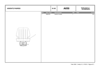 ASSENTO PADRÃO 81-05 A650
Ref. Num. Peça Denominação Qtd Nota $ Unit
1 85900700 Assento montado 1 0,00
Trator A650 - Versão 3.0 - 07/2010 - Página 6/11
 