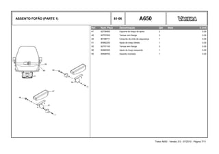 ASSENTO FOFÃO (PARTE 1) 81-06 A650
Ref. Num. Peça Denominação Qtd Nota $ Unit
47 82756900 Espuma do braço do apoio 2 0,00
48 82757000 Tampa com flange 3 0,00
49 80188711 Conjunto do cinto de segurança 1 0,00
51 80982200 Apoio do braço direito 1 0,00
55 82757100 Tampa sem flange 3 0,00
58 80982300 Apoio do braço esquerdo 1 0,00
59 85599700 Assento montado 1 0,00
Trator A650 - Versão 3.0 - 07/2010 - Página 7/11
 