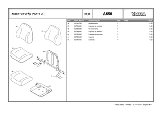ASSENTO FOFÃO (PARTE 2) 81-06 A650
Ref. Num. Peça Denominação Qtd Nota $ Unit
36 82756700 Revestimento 1 0,00
37 82756800 Espuma do encosto 1 0,00
38 82756500 Revestimento 1 0,00
39 82756600 Espuma do assento 1 0,00
40 82750800 Estofado do encosto 1 0,00
44 82750600 Suporte 1 0,00
45 82750700 Estofado 1 0,00
Trator A650 - Versão 3.0 - 07/2010 - Página 8/11
 
