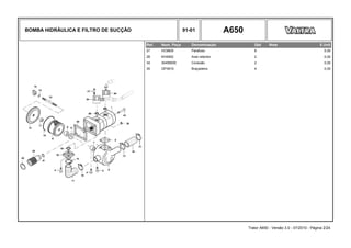 BOMBA HIDRÁULICA E FILTRO DE SUCÇÃO 91-01 A650
Ref. Num. Peça Denominação Qtd Nota $ Unit
27 HC9605 Parafuso 8 0,00
28 KH4952 Anel retentor 2 0,00
34 30458500 Conexão 2 0,00
35 GP3919 Braçadeira 4 0,00
Trator A650 - Versão 3.0 - 07/2010 - Página 2/24
 