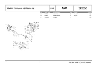 BOMBA E TUBULAÇÃO HIDRÁULICA 40L 91-03 A650
Ref. Num. Peça Denominação Qtd Nota $ Unit
25 KH7952 Anel retentor 2 16.3x2.4 0,00
26 KH3621 Anel de vedação 1 A17x21 0,00
27 86387800 Kit Reparo 1 0,00
Trator A650 - Versão 3.0 - 07/2010 - Página 5/24
 