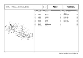 BOMBA E TUBULAÇÃO HIDRÁULICA 55L 91-04 A650
Ref. Num. Peça Denominação Qtd Nota $ Unit
44 GS9274 Conexão 1 SAE J514 - 070101 - 0,00
7/8"x7/8"
45 HA6323 Parafuso 1 M8x20 m8.8 Zin 0,00
46 HA6356 Parafuso 2 M16x30 8.8 0,00
47 HA9241 Parafuso 4 M12x20 m8.8 0,00
49 HC9336 Parafuso 2 M10x25 ZIN 0,00
53 JD0408 Arruela 2 DIN 125 - M8 0,00
54 JD0416 Arruela 2 DIN 125 - M16 0,00
55 JD3108 Arruela 1 0,00
60 KH3621 Anel de vedação 1 0,00
61 86387800 Kit Reparo 1 0,00
Trator A650 - Versão 3.0 - 07/2010 - Página 7/24
 