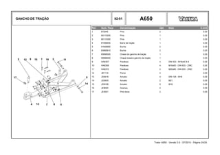 GANCHO DE TRAÇÃO 92-01 A650
Ref. Num. Peça Denominação Qtd Nota $ Unit
1 672540 Pino 2 0,00
2 80110200 Pino 1 0,00
3 80110300 Pino 1 0,00
4 81558200 Barra de tração 1 0,00
5 81628900 Bucha 2 0,00
6 83865810 Bucha 2 0,00
7 85898300 Chassi do gancho de tração 1 0,00
8 85898400 Chapa traseira gancho de tração 1 0,00
9 HA6357 Parafuso 4 DIN 933 - M16x40 8.8 0,00
10 HA6358 Parafuso 4 M16x50 - DIN 933 - ZINC 0,00
11 HA8372 Parafuso 2 M20x80 - DIN 933 - ZINC 0,00
12 JB1116 Porca 4 0,00
13 JD0416 Arruela 4 DIN 125 - M16 0,00
14 JD0420 Arruela 2 M21 0,00
15 JD9106 Arruela 8 M16 0,00
16 JE9020 Grampo 2 0,00
17 JE9301 Pino trava 2 0,00
Trator A650 - Versão 3.0 - 07/2010 - Página 24/24
 