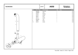 SILENCIOSO 21-17 A650
Ref. Num. Peça Denominação Qtd Nota $ Unit
1 85902600 Silencioso 1 0,00
2 32589800 Junta 1 0,00
3 HA6324 Parafuso 3 0,00
4 JD9103 Arruela 3 0,00
5 JB8919 Porca 1 0,00
6 JD9112 Arruela 2 0,00
7 86340400 Tubo 1 0,00
9 JB9928 Porca 1 0,00
10 JD0410 Arruela 1 0,00
Trator A650 - Versão 3.0 - 07/2010 - Página 16/30
 