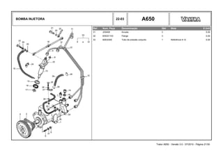 BOMBA INJETORA 22-03 A650
Ref. Num. Peça Denominação Qtd Nota $ Unit
31 JD0408 Arruela 3 0,00
32 835331103 Flange 3 0,00
33 82632300 Tubo de pressão conjunto 1 Referência 9-12 0,00
Trator A650 - Versão 3.0 - 07/2010 - Página 21/30
 