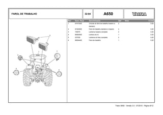 FAROL DE TRABALHO 32-04 A650
Ref. Num. Peça Denominação Qtd Nota $ Unit
1 81915300 Chicote do farol de trabalho traseiro e 2 0,00
dianteiro
2 81924500 Farol de trabalho dianteiro e traseiro 2 0,00
3 193070 Lanterna traseira completa 2 0,00
4 85902500 Lantena de ré 1 0,00
5 237030 Lanterna do freio completa 2 0,00
6 80654400 Farol de trabalho 1 0,00
Trator A650 - Versão 3.0 - 07/2010 - Página 8/12
 