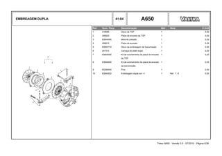 EMBREAGEM DUPLA 41-04 A650
Ref. Num. Peça Denominação Qtd Nota $ Unit
1 218080 Disco da TDP 1 0,00
2 246620 Placa de encosto da TDP 1 0,00
3 83064400 Mola de pressão 1 0,00
4 246610 Placa de encosto 1 0,00
5 83063710 Disco da embreagem da transmissão 1 0,00
6 247310 Carcaça do platô duplo 1 0,00
7 83064500 Kit de acionamento da placa de encosto 1 0,00
da TDP
8 83064600 Kit de acionamento da placa de encosto 1 0,00
da transmissão
9 80289400 Pino 1 0,00
10 83063502 Embreagem dupla luk - ll 1 Ref. 1 - 9 0,00
Trator A650 - Versão 3.0 - 07/2010 - Página 6/36
 