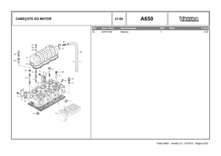 CABEÇOTE DO MOTOR 21-04 A650
Ref. Num. Peça Denominação Qtd Nota $ Unit
30 837073166 Retentor 1 0,00
Trator A650 - Versão 3.0 - 07/2010 - Página 5/30
 