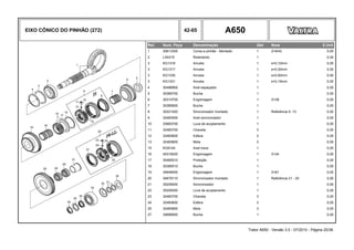 EIXO CÔNICO DO PINHÃO (272) 42-05 A650
Ref. Num. Peça Denominação Qtd Nota $ Unit
1 30613300 Coroa e pinhão - Montado 1 Z=9/42 0,00
2 LA5315 Rolamento 1 0,00
3 KG1316 Arruela 1 s=0,10mm 0,00
3 KG1317 Arruela 1 s=0,30mm 0,00
3 KG1330 Arruela 1 s=0,50mm 0,00
3 KG1331 Arruela 1 s=0,15mm 0,00
4 30486900 Anel espaçador 1 0,00
5 30385700 Bucha 1 0,00
6 30310700 Engrenagem 1 Z=38 0,00
7 30385600 Bucha 1 0,00
8 30221420 Sincronizador montado 1 Referência 9 -13 0,00
9 32483400 Anel sincronizador 1 0,00
10 33683700 Luva de acoplamento 1 0,00
11 32483700 Chaveta 3 0,00
12 32483600 Esfera 3 0,00
13 32483800 Mola 3 0,00
15 KG9144 Anel trava 1 0,00
16 45318200 Engrenagem 1 Z=34 0,00
17 30465510 Proteção 1 0,00
18 30385510 Bucha 1 0,00
19 34648400 Engrenagem 1 Z=61 0,00
20 34679110 Sincronizador montado 1 Referência 21 - 25 0,00
21 35209400 Sincronizador 1 0,00
22 35209300 Luva de acoplamento 1 0,00
23 32483700 Chaveta 3 0,00
24 32483600 Esfera 3 0,00
25 32483800 Mola 3 0,00
27 34688000 Bucha 1 0,00
Trator A650 - Versão 3.0 - 07/2010 - Página 20/36
 