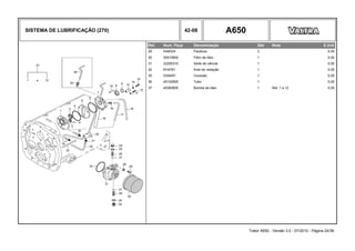 SISTEMA DE LUBRIFICAÇÃO (270) 42-08 A650
Ref. Num. Peça Denominação Qtd Nota $ Unit
29 HA6334 Parafuso 3 0,00
30 30410800 Filtro de óleo 1 0,00
31 32205310 Sede de válvula 1 0,00
32 KH4761 Anel de vedação 1 0,00
35 GS9457 Conexão 1 0,00
36 45102900 Tubo 1 0,00
37 45360600 Bomba de óleo 1 Ref. 1 a 12 0,00
Trator A650 - Versão 3.0 - 07/2010 - Página 24/36
 
