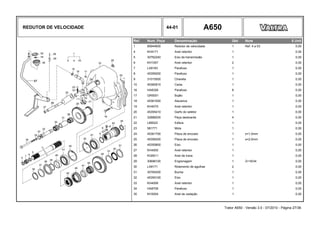 REDUTOR DE VELOCIDADE 44-01 A650
Ref. Num. Peça Denominação Qtd Nota $ Unit
1 85944600 Redutor de velocidade 1 Ref. 4 a 53 0,00
4 KH4171 Anel retentor 1 0,00
5 30762240 Eixo da transmissão 1 0,00
6 KH1057 Anel retentor 2 0,00
7 LA9183 Parafuso 1 0,00
8 45359200 Parafuso 1 0,00
9 31015500 Chaveta 1 0,00
10 45360810 Caixa 1 0,00
16 HA8326 Parafuso 8 0,00
17 GR5001 Bujão 1 0,00
18 45361000 Alavanca 1 0,00
19 KH4070 Anel retentor 1 0,00
20 45355410 Garfo do seletor 1 0,00
21 32888200 Peça deslizante 4 0,00
22 LB8022 Esfera 1 0,00
23 581771 Mola 1 0,00
24 45361700 Placa de encosto 1 s=1,0mm 0,00
25 45358300 Placa de encosto 1 s=2,0mm 0,00
26 45355800 Eixo 1 0,00
27 KH4005 Anel retentor 1 0,00
28 KG6511 Anel de trava 1 0,00
29 30696100 Engrenagem 1 Z=16/34 0,00
30 LA9171 Rolamento de agulhas 2 0,00
31 30764200 Bucha 1 0,00
32 45355100 Eixo 1 0,00
33 KH4006 Anel retentor 1 0,00
34 HA8706 Parafuso 1 0,00
35 KH3004 Anel de vedação 1 0,00
Trator A650 - Versão 3.0 - 07/2010 - Página 27/36
 