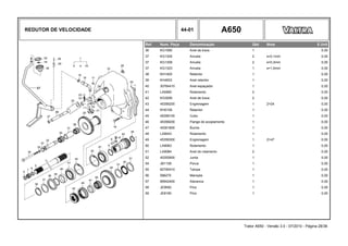 REDUTOR DE VELOCIDADE 44-01 A650
Ref. Num. Peça Denominação Qtd Nota $ Unit
36 KG1060 Anel de trava 1 0,00
37 KG1305 Arruela 2 s=0,1mm 0,00
37 KG1309 Arruela 2 s=0,3mm 0,00
37 KG1323 Arruela 1 s=1,0mm 0,00
38 KH1400 Retentor 1 0,00
39 KH4933 Anel retentor 1 0,00
40 30764410 Anel espaçador 1 0,00
41 LA5990 Rolamento 2 0,00
42 KG3095 Anel de trava 2 0,00
43 45356200 Engrenagem 1 Z=24 0,00
44 KH0159 Retentor 1 0,00
45 45358100 Cubo 1 0,00
46 45358200 Flange de acoplamento 1 0,00
47 45361800 Bucha 1 0,00
48 LA9043 Rolamento 1 0,00
49 45356300 Engrenagem 1 Z=47 0,00
50 LA9083 Rolamento 1 0,00
51 LA9084 Anel do rolamento 2 0,00
52 45355900 Junta 1 0,00
54 JB1108 Porca 1 0,00
55 82790410 Tampa 1 0,00
56 586270 Manopla 1 0,00
57 85942400 Alavanca 1 0,00
58 JE9092 Pino 1 0,00
59 JE8190 Pino 1 0,00
Trator A650 - Versão 3.0 - 07/2010 - Página 28/36
 
