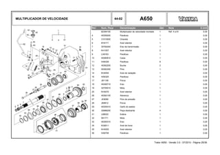 MULTIPLICADOR DE VELOCIDADE 44-02 A650
Ref. Num. Peça Denominação Qtd Nota $ Unit
82394100 Multiplicador de velocidade montado 1 Ref. 4 a 61 0,00
4 45359200 Parafuso 1 0,00
5 31015500 Chaveta 1 0,00
6 KH4171 Anel retentor 1 0,00
7 30762240 Eixo da transmissão 1 0,00
8 KH1057 Anel retentor 2 0,00
9 LA9183 Parafuso 1 0,00
10 45360810 Caixa 1 0,00
11 HA8326 Parafuso 8 0,00
12 45362200 Bucha 2 0,00
13 45362300 Pino 1 0,00
14 KH4000 Anel de vedação 1 0,00
16 HA6325 Parafuso 1 0,00
17 JB1108 Porca 1 0,00
18 45359710 Eixo 1 0,00
19 32705010 Mola 1 0,00
25 KH4070 Anel retentor 1 0,00
26 45362100 Alavanca 1 0,00
27 JE9099 Pino de pressão 1 0,00
28 JB9912 Porca 1 0,00
29 45355410 Garfo do seletor 1 0,00
30 32888200 Peça deslizante 4 0,00
31 LB8022 Esfera 1 0,00
32 581771 Mola 1 0,00
33 45355310 Eixo 1 0,00
34 KG6511 Anel de trava 1 0,00
35 KH4005 Anel retentor 1 0,00
36 HA8706 Parafuso 1 0,00
Trator A650 - Versão 3.0 - 07/2010 - Página 29/36
 