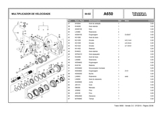 MULTIPLICADOR DE VELOCIDADE 44-02 A650
Ref. Num. Peça Denominação Qtd Nota $ Unit
37 KH3004 Anel de vedação 1 0,00
38 KH4006 Anel retentor 1 0,00
39 45355100 Eixo 1 0,00
40 LA3992 Rolamento 2 0,00
41 45354700 Engrenagem 1 Z=25/27 0,00
42 KG1060 Anel de trava 1 0,00
43 KG1305 Arruela 1 s=0,1mm 0,00
43 KG1309 Arruela 1 s=0,3mm 0,00
43 KG1323 Arruela 1 s=1,0mm 0,00
44 KH1400 Retentor 1 0,00
45 KH4933 Anel retentor 1 0,00
46 30764410 Anel espaçador 1 0,00
47 KG3095 Anel de trava 2 0,00
48 LA5990 Rolamento 2 0,00
49 45354600 Engrenagem 1 0,00
50 KH0159 Retentor 1 0,00
51 45354900 Sincronizador montado 1 0,00
57 45354800 Engrenagem 1 Z=31 0,00
58 45355200 Bucha 1 0,00
59 LA9083 Rolamento 1 axial 0,00
60 LA9084 Anel do rolamento 1 0,00
61 45355900 Junta 1 0,00
62 JB1210 Guia 1 0,00
63 586280 Manopla 1 0,00
64 JE9092 Pino 1 0,00
65 JE8190 Pino 1 0,00
66 85942600 Alavanca 1 0,00
67 82765800 Tampa 1 0,00
Trator A650 - Versão 3.0 - 07/2010 - Página 30/36
 