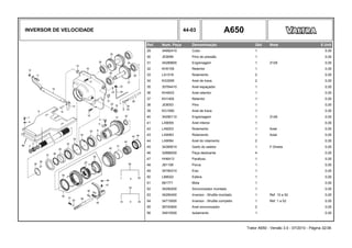 INVERSOR DE VELOCIDADE 44-03 A650
Ref. Num. Peça Denominação Qtd Nota $ Unit
29 34992410 Cubo 1 0,00
30 JE9099 Pino de pressão 1 0,00
31 34289800 Engrenagem 1 Z=29 0,00
32 KH0159 Retentor 1 0,00
33 LA1018 Rolamento 2 0,00
34 KG3095 Anel de trava 2 0,00
35 30764410 Anel espaçador 1 0,00
36 KH4933 Anel retentor 1 0,00
37 KH1400 Retentor 1 0,00
38 JE8053 Pino 1 0,00
39 KG1060 Anel de trava 1 0,00
40 34290110 Engrenagem 1 Z=26 0,00
41 LA9055 Anel interior 1 0,00
42 LA9203 Rolamento 1 Axial 0,00
43 LA9083 Rolamento 1 Axial 0,00
44 LA9084 Anel do rolamento 2 0,00
45 34369010 Garfo do seletor 1 F-Direita 0,00
46 32888200 Peça deslizante 4 0,00
47 HH6413 Parafuso 1 0,00
48 JB1108 Porca 1 0,00
49 34784310 Eixo 1 0,00
50 LB8022 Esfera 1 0,00
51 581771 Mola 1 0,00
52 34290200 Sincronizador montado 1 0,00
53 34290400 Inversor - Shuttle montado 1 Ref. 10 a 52 0,00
54 34715000 Inversor - Shuttle completo 1 Ref. 1 a 52 0,00
55 36740900 Anel sincronizador 2 0,00
56 34915000 Isolamento 1 0,00
Trator A650 - Versão 3.0 - 07/2010 - Página 32/36
 