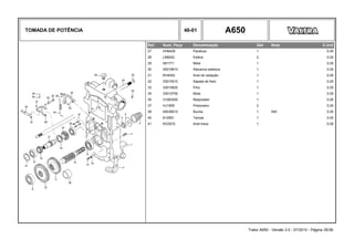 TOMADA DE POTÊNCIA 46-01 A650
Ref. Num. Peça Denominação Qtd Nota $ Unit
27 HH6429 Parafuso 1 0,00
28 LB8022 Esfera 2 0,00
29 581771 Mola 1 0,00
30 45019610 Alavanca seletora 1 0,00
31 KH4052 Anel de vedação 1 0,00
32 33015510 Sapata de freio 1 0,00
33 33015620 Pino 1 0,00
34 33015700 Mola 1 0,00
35 31083300 Respirador 1 0,00
37 HJ1955 Prisioneiro 2 0,00
39 45036510 Bucha 1 540 0,00
40 612991 Tampa 1 0,00
41 KG3072 Anel trava 1 0,00
Trator A650 - Versão 3.0 - 07/2010 - Página 35/36
 