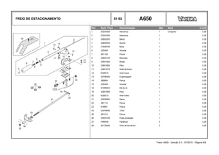 FREIO DE ESTACIONAMENTO 51-03 A650
Ref. Num. Peça Denominação Qtd Nota $ Unit
1 33224200 Alavanca 1 Conjunto 0,00
2 33224300 Alavanca 1 0,00
3 32852200 Barra 1 0,00
4 32852000 Bucha 1 0,00
5 31609700 Mola 1 0,00
6 JD0406 Arruela 1 0,00
7 JB1105 Porca 1 0,00
8 32853100 Manopla 1 0,00
9 32851900 Botão 1 0,00
10 32851800 Pino 2 0,00
11 32851610 Anel de trava 1 0,00
12 KG6510 Anel trava 2 0,00
13 32798300 Engrenagem 1 0,00
14 JB8904 Porca 2 0,00
15 JD0408 Arruela 2 0,00
18 31355810 Kit de ré 1 0,00
19 32851800 Pino 1 0,00
20 KG6510 Anel trava 1 0,00
21 33226800 Barra 1 0,00
22 JB1112 Porca 1 0,00
23 618681 Porca 1 0,00
24 33334600 Tubo 1 0,00
25 JB1212 Porca 1 0,00
26 33403100 Prato proteção 1 0,00
27 HN9039 Parafuso 2 0,00
28 30176200 Anel de borracha 3 0,00
Trator A650 - Versão 3.0 - 07/2010 - Página 4/6
 