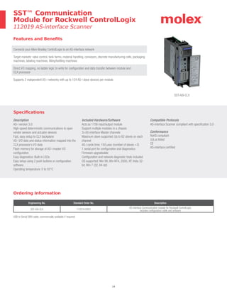 14
Specifications
Description
AS-i version 3.0
High-speed deterministic communications to open
vendor sensors and actuator devices
Fast, easy setup to CLX backplane
AS-i I/O data and status information mapped into the
CLX processor’s I/O data
Flash memory for storage of AS-i master I/O
configuration
Easy diagnostics: Built-in LEDs
Easy setup using 2 push buttons or configuration
software
Operating temperature: 0 to 55°C
Included Hardware/Software
Acts as 1756 input/output module
Support multiple modules in a chassis
2x AS-interface Master channels
Maximum slave supported: Up to 62 slaves on each
channel
AS-i cycle time: 150 μsec (number of slaves +2)
1 serial port for configuration and diagnostics
Firmware upgradeable
Configuration and network diagnostic tools included.
OS supported: Win 98, Win NT4, 2000, XP, Vista 32-
bit, Win 7 (32, 64-bit)
Compatible Protocols
AS-interface Scanner compliant with specification 3.0
Conformance
RoHS compliant
cULus listed
CE
AS-interface certified
Features and Benefits
Connects your Allen-Bradley ControlLogix to an AS-interface network
Target markets: valve control, tank farms, material handling, conveyors, discrete manufacturing cells, packaging
machines, labeling machines, filling/bottling machines
Direct I/O mapping, no ladder logic to write for configuration and data transfer between module and
CLX processor
Supports 2 independent AS-i networks with up to 124 AS-i slave devices per module
SST™ Communication
Module for Rockwell ControlLogix
112019 AS-interface Scanner
SST-ASI-CLX
Ordering Information
Engineering No. Standard Order No. Description
SST-ASI-CLX 112019-0001
AS-interface Communication module for Rockwell ControlLogix,
includes configuration cable and software
USB to Serial DB9 cable, commercially available if required
 