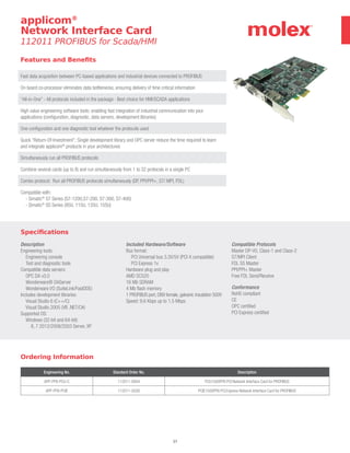 37
applicom®
Network Interface Card
112011 PROFIBUS for Scada/HMI
Specifications
Description
Engineering tools:
Engineering console
Test and diagnostic tools
Compatible data servers:
OPC DA v3.0
Wonderware® DAServer
Wonderware I/O (SuiteLink/FastDDE)
Includes development libraries:
Visual Studio 6 (C++/C)
Visual Studio 2005 (VB .NET/C#)
Supported OS:
Windows (32-bit and 64-bit):
8, 7 2012/2008/2003 Server, XP
Included Hardware/Software
Bus format:
PCI Universal bus 3.3V/5V (PCI-X compatible)
PCI Express 1x
Hardware plug and play
AMD SC520
16 Mb SDRAM
4 Mb flash memory
1 PROFIBUS port, DB9 female, galvanic insulation 500V
Speed: 9.6 Kbps up to 1.5 Mbps
Compatible Protocols
Master DP-V0, Class-1 and Class-2
S7/MPI Client
FDL S5 Master
PPI/PPI+ Master
Free FDL Send/Receive
Conformance
RoHS compliant
CE
OPC certified
PCI Express certified
Features and Benefits
Fast data acquisition between PC-based applications and industrial devices connected to PROFIBUS
On board co-processor eliminates data bottlenecks, ensuring delivery of time critical information
“All-in-One” - All protocols included in the package · Best choice for HMI/SCADA applications
High value engineering software tools; enabling fast integration of industrial communication into your
applications (configuration, diagnostic, data servers, development libraries)
One configuration and one diagnostic tool whatever the protocols used
Quick “Return-Of-Investment”; Single development library and OPC server reduce the time required to learn
and integrate applicom®
products in your architectures
Simultaneously run all PROFIBUS protocols
Combine several cards (up to 8) and run simultaneously from 1 to 32 protocols in a single PC
Combo protocol: Run all PROFIBUS protocols simultaneously (DP, PPI/PPI+, S7/ MPI, FDL)
Compatible with:
- Simatic®
S7 Series (S7-1200,S7-200, S7-300, S7-400)
- Simatic®
SS Series (95U, 115U, 135U, 155U)
Ordering Information
Engineering No. Standard Order No. Description
APP-PFB-PCU-C 112011-0004 PCU1500PFB PCI Network Interface Card for PROFIBUS
APP-PFB-PCIE 112011-5026 PCIE1500PFB PCI Express Network Interface Card for PROFIBUS
 