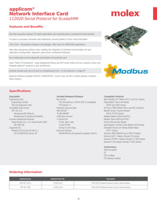 39
applicom®
Network Interface Card
112020 Serial Protocol for Scada/HMI
Ordering Information
Engineering No. Standard Order No. Description
APP-SR1-PCU-C 112020-5017 PCU1000 PCI Network Interface Card for Serial networks
APP-SR1-PCIE 112020-5018 PCIE1000 PCI Network Interface Card for Serial networks
Features and Benefits
Fast data acquisition between PC-based applications and industrial devices connected to serial networks
On board co-processor eliminates data bottlenecks, ensuring delivery of time critical information
“All-in-One” - All protocols included in the package · Best choice for HMI/SCADA applications
High value engineering software tools; enabling fast integration of industrial communication into your
applications (configuration, diagnostic, data servers, development libraries)
One configuration and one diagnostic tool whatever the protocols used
Quick “Return-Of-Investment”; single development library and OPC server reduce the time required to learn and
integrate applicom®
products in your architectures
Combine several cards (up to 8) and run simultaneously from 1 to 32 protocols in a single PC
Electrical interfaces available: RS232C, RS485/RS422, Current Loop; all with or without galvanic insulation
(opto couplers)
Specifications
Description
Engineering tools:
Engineering console
Test and diagnostic tools
Compatible data servers:
OPC DA v3.0
Wonderware® DAServer
Wonderware IO (SuiteLink/FastDDE)
Includes development libraries:
Visual Studio 6 (C++C), Visual Studio 2005
(VB, NET/C#)
Supported OS:
Windows (32-bit and 64-bit) 8, 7
2012/2008/2003 Server, XP
Included Hardware/Software
Bus format:
PCI Universal bus 3.3V/5V (PCI-X compatible)
PCI Express 1x
Hardware: plug and play
AMD SC520
16 Mb SDRAM
4 Mb flash memory
1x Serial Port:
D-Sub, 9pin, male
2 leds (TX/RX)
50 bps to 38.4 Kbps
Electrical interface:
RS485/RS422 with galvanic insulation (500 V)
Compatible Protocols
Allen-Bradley DF1 Master (PLC-5 and SLC Series)
Elsag Bailey®
Data Link Master
(5000 and 2000 Series)
GE Fanuc SNPX Master (90-xx and 80-xx Series)
Moeller Group®
SucomA Master
(PS32, PS316 Series)
Modbus Master (ASCII and RTU)
Modbus Slave (ASCII and RTU)
Omron Sysmac Way Master
Saïa Burgess Controls S-Bus Master (PCD Series)
Schneider Electric Uni-Telway Master/Slave
(TSX 7 Series)
Siemens 3964/3964R Free or RK512 Master
Siemens AS511 Master (Simatic S5 Series)
Siemens PPI/PPI+ Master (Simatic S7-200 Series)
Siemens Ti-Dir Master (Simatic TI-505 Series)
Conformance
RoHS compliant
CE
OPC certified
PCI Express certified
 