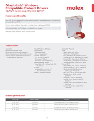 47
Direct-Link®
Windows
Compatible Protocol Drivers
112027 Serial and Ethernet TCP/IP
Ordering Information
Engineering No. Standard Order No. Description
DRL-ALL-SWF-S 112027-0002 SW1000 software drivers, Full tags, Software key protection
DRL-ALL-SWF-U 112027-0003 SW1000 software drivers, Full tags, USB dongle protection
DRL-ALL-SWL-S 112027-0005 SW1000 software drivers, Full tags, Software key protection
DRL-ALL-SWL-U 112027-0006 SW1000 software drivers, Full tags, USB dongle protection
Specifications
Description
Based on Windows TCP/IP socket
All Ethernet protocols can run simultaneously
All Ethernet protocols can run Client and Server modes
Database (32 Kbits, 32 Kwords) for Server mode to
exchange data with applications
Included Hardware/Software
Engineering tools:
Engineering console
Test and diagnostic tools
Compatible data servers:
OPC DA v3.0, 2.05 and 1.0a
Wonderware® DAServer
Wonderware IO (SuiteLink/FastDDE)
Includes development libraries:
Visual Studio 6 (C++C), Visual Studio 2005
(VB .NETC#)
OS support:
Windows (32-bit and 64-bit): 8, 7
2012/2008/2003 Server, XP
Software or USB dongle protection
Compatible Protocols
Serial:
Modbus Master (ASCII and RTU)
Modbus Slave (ASCII and RTU)
Fanuc SNPX Master (90-xx and 80-xx Series)
Schneider Electric Uni-Telway Slave (TSX 7 Series)
Siemens AS511 Master (Simatic S5 Series)
Siemens PPI/PPI+ Master (Simatic S7-200 Series)
Siemens Ti-Dir Master (Simatic TI-505 Series)
Ethernet TCP/IP:
Altus Alnet II (AL200x, webgate); Client/Server
Alstom SRTP (C80-35, C80-75); Client/Server
Allen-Bradley Logix5000 (ControlLogix
and FlexLogix); Client/Server
Fanuc SRTP (C90-30, C90-70); Client/Server
Mitsubishi Electric Melsec (A and Q);
Client/Server
Omron FINS (C, CV, CS); Client/Server
Schneider Electric Modbus TCP and UDP;
Client/Server
Schneider Electric UNI-TE (Premium and Micro);
Client/Server
Siemens Industrial Ethernet (S5, S7, TI);
Client/Server
Features and Benefits
Direct-Link®
SW1000 provides data acquisition between Windows PC-based applications and industrial devices
connected to Ethernet TCP/IP
Economic solution; well suited for embedded and light architecture (laptop, panel PC, MMI)
100% software solution; use PC COM port or integrated Ethernet interface
Wide variety of open and vendor specific industrial protocols
 