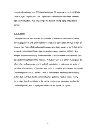17
dramatically with age from 50% in patients aged 60 years and under to 89.7% for
patients aged 70 years and over. A positive correlation was also found between
age and methylation, thus proposing a mechanism linking aging and prostate
cancer.
1.2.4.2 Diet
Dietary factors are also believed to contribute to differences in cancer incidence
among populations with DNA methylation mediating some of the lifestyle factors on
disease risk. Rates of clinical prostate cancer have been shown to be 15-fold higher
in men from the United States than in men from Asian countries (Li 2007). It is
thought that the dramatically increased intake of soy isoflavone in Asian diets could
be a determining factor in this instance. A study by Day et al (2002) investigated the
effect of an isoflavone compound on DNA methylation in male mice fed a diet of
genistein. Consumption of genistein was found to correlate with changes in prostate
DNA methylation at CpG islands. There is considerable interest given to dietary
factors that contribute to abberant methylation patterns. Factors include methyl
donors that directly contribute to the methyl pool and are substrates involved in
DNA methylation. This is highlighted within the red square on Figure 2.
 
