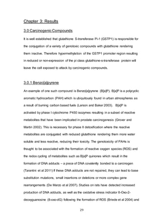 29
Chapter 3: Results
3.0 Carcinogenic Compounds
It is well established that glutathione S-transferase Pi-1 (GSTP1) is responsible for
the conjugation of a variety of genotoxic compounds with glutathione rendering
them inactive. Therefore hypermethylation of the GSTP1 promoter region resulting
in reduced or non-expression of the pi class glutathione-s-transferase protein will
leave the cell exposed to attack by carcinogenic compounds.
3.0.1 Benzo[a]pyrene
An example of one such compound is Benzo[a]pyrene (B[a]P). B[a]P is a polycyclic
aromatic hydrocarbon (PAH) which is ubiquitously found in urban atmospheres as
a result of burning carbon based fuels (Larson and Baker 2003). B[a]P is
activated by phase I cytochrome P450 isozymes resulting in a subset of reactive
metabolites that have been implicated in prostate carcinogenesis (Grover and
Martin 2002). This is necessary for phase II detoxification where the reactive
metabolites are conjugated with reduced glutathione rendering them more water
soluble and less reactive, reducing their toxicity. The genotoxicity of PAHs is
thought to be associated with the formation of reactive oxygen species (ROS) and
the redox cycling of metabolites such as B[a]P quinones which result in the
formation of DNA adducts – a piece of DNA covalently bonded to a carcinogen
(Tarantini et al 2011) If these DNA adducts are not repaired, they can lead to base
substitution mutations, small insertions or deletions or more complex gene
rearrangements (De Marzo et al 2007). Studies on rats have detected increased
production of DNA adducts, as well as the oxidative stress indicator 8-Oxo-2-
deoxyguanosine (8-oxo-dG) following the formation of ROS (Briede et al 2004) and
 