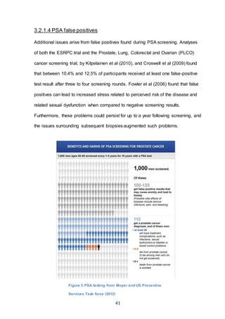 41
3.2.1.4 PSA false positives
Additional issues arise from false positives found during PSA screening. Analyses
of both the ESRPC trial and the Prostate, Lung, Colorectal and Ovarian (PLCO)
cancer screening trial, by Kilpelainen et al (2010), and Croswell et al (2009) found
that between 10.4% and 12.5% of participants received at least one false-positive
test result after three to four screening rounds. Fowler et al (2006) found that false
positives can lead to increased stress related to perceived risk of the disease and
related sexual dysfunction when compared to negative screening results.
Furthermore, these problems could persist for up to a year following screening, and
the issues surrounding subsequent biopsies augmented such problems.
Figure 5 PSA testing from Moyer and US Preventive
Services Task force (2012)
 