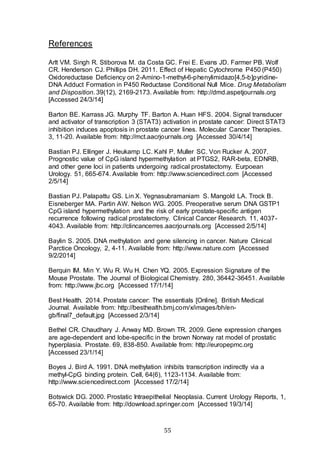55
References
Arlt VM. Singh R. Stiborova M. da Costa GC. Frei E. Evans JD. Farmer PB. Wolf
CR. Henderson CJ. Phillips DH. 2011. Effect of Hepatic Cytochrome P450 (P450)
Oxidoreductase Deficiency on 2-Amino-1-methyl-6-phenylimidazo[4,5-b]pyridine-
DNA Adduct Formation in P450 Reductase Conditional Null Mice. Drug Metabolism
and Disposition. 39(12), 2169-2173. Available from: http://dmd.aspetjournals.org
[Accessed 24/3/14]
Barton BE. Karrass JG. Murphy TF. Barton A. Huan HFS. 2004. Signal transducer
and activator of transcription 3 (STAT3) activation in prostate cancer: Direct STAT3
inhibition induces apoptosis in prostate cancer lines. Molecular Cancer Therapies.
3, 11-20. Available from: http://mct.aacrjournals.org [Accessed 30/4/14]
Bastian PJ. Ellinger J. Heukamp LC. Kahl P. Muller SC. Von Rucker A. 2007.
Prognostic value of CpG island hypermethylation at PTGS2, RAR-beta, EDNRB,
and other gene loci in patients undergoing radical prostatectomy. Eurpoean
Urology. 51, 665-674. Available from: http://www.sciencedirect.com [Accessed
2/5/14]
Bastian PJ. Palapattu GS. Lin X. Yegnasubramaniam S. Mangold LA. Trock B.
Eisneberger MA. Partin AW. Nelson WG. 2005. Preoperative serum DNA GSTP1
CpG island hypermethylation and the risk of early prostate-specific antigen
recurrence following radical prostatectomy. Clinical Cancer Research. 11, 4037-
4043. Available from: http://clincancerres.aacrjournals.org [Accessed 2/5/14]
Baylin S. 2005. DNA methylation and gene silencing in cancer. Nature Clinical
Parctice Oncology, 2, 4-11. Available from: http://www.nature.com [Accessed
9/2/2014]
Berquin IM. Min Y. Wu R. Wu H. Chen YQ. 2005. Expression Signature of the
Mouse Prostate. The Journal of Biological Chemistry. 280, 36442-36451. Available
from: http://www.jbc.org [Accessed 17/1/14]
Best Health. 2014. Prostate cancer: The essentials [Online]. British Medical
Journal. Available from: http://besthealth.bmj.com/x/images/bh/en-
gb/final7_default.jpg [Accessed 2/3/14]
Bethel CR. Chaudhary J. Anway MD. Brown TR. 2009. Gene expression changes
are age-dependent and lobe-specific in the brown Norway rat model of prostatic
hyperplasia. Prostate. 69, 838-850. Available from: http://europepmc.org
[Accessed 23/1/14]
Boyes J. Bird A. 1991. DNA methylation inhibits transcription indirectly via a
methyl-CpG binding protein. Cell, 64(6), 1123-1134. Available from:
http://www.sciencedirect.com [Accessed 17/2/14]
Botswick DG. 2000. Prostatic Intraepithelial Neoplasia. Current Urology Reports, 1,
65-70. Available from: http://download.springer.com [Accessed 19/3/14]
 