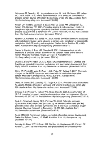 63
Nakayama M. Gonzalgo ML. Yegnasubramaniam S. Lin X. De Marzo AM. Nelson
WG. 2004. GSTP1 CpG island hypermethylation as a molecular biomarker for
prostate cancer. Journal of Cellular Biochemistry, 91(3), 540-552. Available from:
http://onlinelibrary.wiley.com [Accessed 23/4/14]
Nelson CP. Kidd LC. Sauvegot J. Isaacs WB. De Marzo AM. GRoopman JD.
Nelson WG. Kensler TW. 2001. Protection against 2-hydroxyamino-1-methyl-6-
phenylimidazo[4,5-b]pyridine cytotoxicity and DNA adduct formation in human
prostate by glutathione S-transferase P1. Cancer Research, 61, 103-109. Available
from: http://web.a.ebscohost.com [Accessed 28/4/14]
Nguyen CT. Gonzales FA. Jones PA. 2001. Altered chromatin structure associated
with methylation-induced gene silencing in cancer cells: correlation or accessibility,
methylation, MeCP2 binding and acetylation. Nucleic Acids Residue, 29, 4598-
4606. Available from: http://europepmc.org [Accessed 16/3/14]
Nwosu V. Carpten J. Trent JM. Sheridan R. 2001. Heterogeneity of genetic
alterations in prostate cancer: evidence of the complex nature of the disease.
Human Molecular Genetics. 10(20), 2313-2318. Available from:
http://hmg.oxfordjournals.org [Accessed 29/4/14]
Okano M. Bell DW. Haber DA. Li E. 1999. DNA methyltransferaes DNmt3a and
Dnmt3b are essential for de novo methylation and mammalian development. Cell,
99(3), 247-257. Available from: http://www.sciencedirect.com [Accessed 17/2/14]
Okino ST. Pookot D. Majid S. Zhao H. Li L. Palce RF. Dahiya R. 2007. Chromatin
changes on the GSTP1 promoter associated with its inactivation in prostate
cancer. Molecular Carcinogenesis, 46(10), 839-846. Available from:
http://onlinelibrary.wiley.com [Accessed 18/3/14]
Otero JR. Gomez BG. Juanatey FC. Touijer KA. 2014. Prostate cancer biomarkers:
An update. Urologic Oncology: Seminars and Original Investigations, 32(3). 252-
260. Available from: http://www.sciencedirect.com [Accessed 27/3/14]
Ouyang X. DeWeese TL. Nelson WG. Abate-Shen C. 2005. Loss-of-function of
Nkx3.1 promotes increased oxidative damage in prostate carcinogenesis. Cancer
Research, 65, 6773-6779. Available from: http://europepmc.org [Accessed 27/1/14]
Park JH. Troxel AB. Harvey REG. Penning TM. 2006. Polycyclic aromatic
hydrocarbon (PAH) o-quinones produced by the aldo-keto-reductases (AKRs)
generate abasic sites, oxidized pyrimidines, and 8-oxo-dGuo via reactive oxygen
species. Chemical Research in Toxicology. 19, 719-728. Available from:
http://www.sciencedirect.com [Accessed 24/4/14]
Peehl DM 2005. Primary cell cultures as models of prostate cancer development.
Endocrine Related Cancer, 12, 19-47. Available from: http://europepmc.org
[Accessed 15/1/14]
Potosky AL. Davis WW. Hoffman RM. Stanford JL. Stephenson RA. Penson DF.
Harlan LC. 2004. ive-year outcomes after prostatectomy or radiotherapy for
 