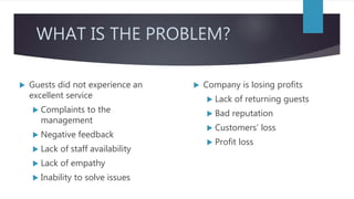 WHAT IS THE PROBLEM?
 Guests did not experience an
excellent service
 Complaints to the
management
 Negative feedback
 Lack of staff availability
 Lack of empathy
 Inability to solve issues
 Company is losing profits
 Lack of returning guests
 Bad reputation
 Customers’ loss
 Profit loss
 