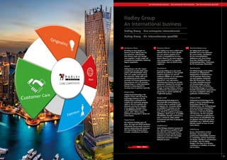Customer Care
Reach
Experience
CORE COMPETENCIES
Originality
02 33
An international business - Une entreprise internationale - Ein internationales geschäftHadley Group an international business
Customer Care
At Hadley we have shaped our
business around adding value for
our customers; understanding
their diverse needs and, through
local expertise, market insight and
manufacturing capabilities, delivering
beyond expectation.
Reach
Hadley Group is the UK’s largest
manufacturer of cold rolled metal
profiles with 50 dedicated rolling
mills and a global reach spanning
five continents. Today, with seven
manufacturing centres serving
contracts and licence agreements on
five continents and in 36 countries,
Hadley Group is a truly international
business in every way with an
unerring focus on practical ingenuity.
Originality
Hadley Group Technology is the
largest in-house cold roll forming
technology academy in the UK.
Hadley Group is protected from
imitation via intellectual property
rights to 145 of its products and
processes assuring the integrity
of our portfolio. Amongst these
is UltraSTEEL®which has a global
patent, with 1 billion metres
produced annually both in house and
under licence.
Experience
Our industrial heritage spans 50
years. Our loyal and skilled workforce
understands how to create long term,
positive relationships with customers
who trust Hadley Group to advise,
innovate, manufacture and deliver.
Service Client
Chez Hadley nous avons modelé notre
activité autour de la valeur ajoutée
que nous pouvons apporter à nos
clients; la compréhension de leurs
besoins divers et, par notre expertise,
notre perspicacité et nos capacités
industrielles, livrer au-delà de toute
espérance.
Envergure
Le groupe Hadley est le plus grand
fabricant de produits en acier profilés
à froid du Royaume-Uni avec 50
profileuses dédiées et une couverture
mondiale sur cinq continents.
Aujourd’hui, avec sept centres
industriels pour honorer ces contrats
auxquelles s’ajoutent des contrats de
licence sur cinq continents et dans
36 pays, le groupe Hadley a vraiment
une dimension internationale en tous
points avec un accent infaillible de
l’ingéniosité pratique.
Originalité
Hadley Group Technology est le
plus grand pôle technologique de
recherche pour le profilage à froid
au Royaume-Uni. Le groupe Hadley
est protégé de l’imitation via des
droits de propriété intellectuelle
pour 145 de ses produits et processus
spécifiques. Parmi ceux-ci, le procédé
UltraSTEEL®, breveté mondialement,
avec 1 milliard de mètre produit
annuellement tant dans le groupe que
sous licence.
Expérience
Notre héritage industriel recouvre 50
ans. Notre personnel qualifié et loyal
sait créer des relations positives à
long terme avec les clients qui font
confiance au savoir-faire du groupe
Hadley pour conseiller, innover,
fabriquer et livrer.
Kundenbetreuung
Bei Hadley dreht sich unser
Geschäft rund um den Mehrwert
für unsere Kunden, Verständnis
für ihre unterschiedlichen
Bedürfnisse und, durch lokales
Know-how, Marktkenntnis und
Fertigungskapazitäten, Lieferungen,
die die Erwartungen übertreffen.
Reichweite
Die Hadley-Gruppe ist der größte
Hersteller von kaltgewalzten
Metallprofilen in Großbritannien
mit 50 speziellen Walzanlagen
und einer globalen Reichweite
über fünf Kontinenten. Heute,
mit sieben Produktionszentren
und Lizenzverträgen auf fünf
Kontinenten und in 36 Ländern,
ist die Hadley-Gruppe ein in jeder
Hinsicht internationales Unternehmen
mit einem untrüglichen Fokus auf
praktischen Einfallsreichtum.
Originalität
Hadley Group Technology ist die
größte in-house Kaltprofilierungs-
Technologie-Akademie in
Großbritannien. Die Hadley-Gruppe
wird vor Nachahmung geschützt
durch ihre Rechte an geistigem
Eigentum an 145 ihrer Produkte
und Prozesse, die die Integrität
unseres Portfolios gewährleisten.
Unter diesen ist UltraSTEEL®, das
ein globales Patent hat und einer
Produktion von 1 Milliarde Meter
jährlich sowohl im Haus als auch
unter Lizenz.
Erfahrung
Unsere Industriekultur umfasst
50 Jahren. Unsere loyalen und
qualifizierten Arbeitskräfte verstehen
es, langfristige, positive Beziehungen
mit Kunden aufzubauen und Vertrauen
zu schaffen, dass die Hadley-
Gruppe in der Lage ist zu beraten,
Innovationen zu schaffen, zu fertigen
und zu liefern.
UK GERFR
Hadley Group
An international business
Hadley Group - Une entreprise internationale
Hadley Group - Ein internationales geschäft
 